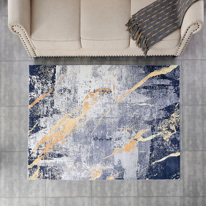 Zara Collection Abstract Design Blue Yellow Gray Machine Washable Super Soft Area Rug