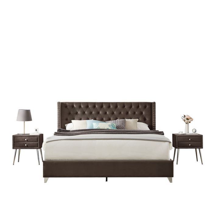B100S King Bed With Two Nightstands, Button Designed Headboard, Strong Wooden Slats And Metal Legs With Electroplate - Brown