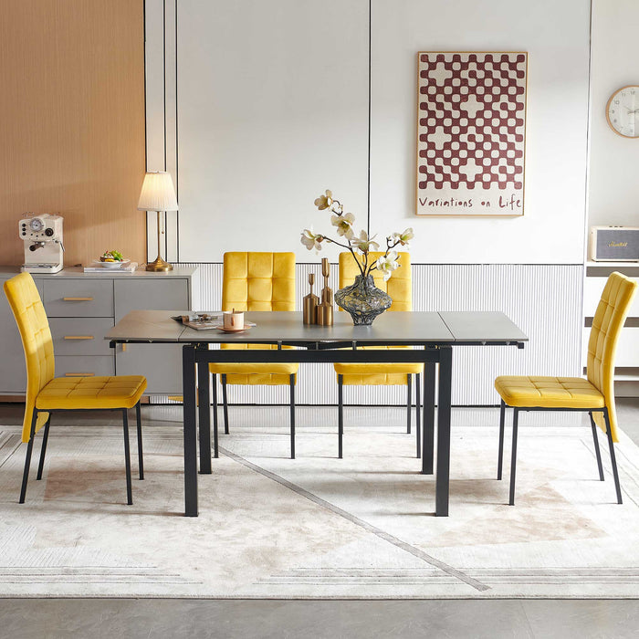 5 Piece Slate Dining Table Dining Set Including Velvet High Back Golden Color Legs For Living Room, Dining Room, Kitchen - Gray / Yellow