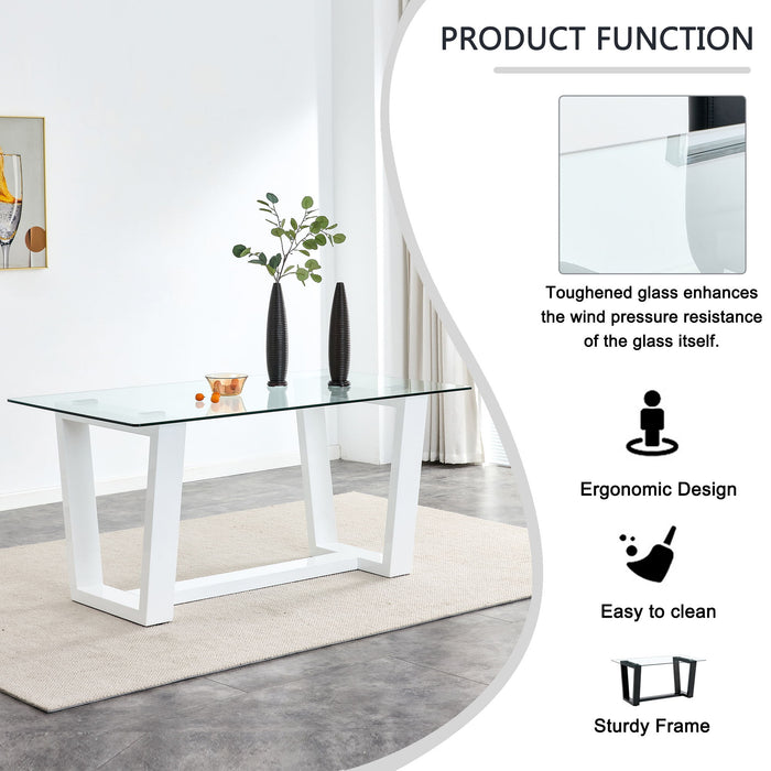 Table And Chair Set Equipped With Tempered Glass Tabletop And White MDF Trapezoidal Support, Paired With Lattice Armless High Back Dining Chairs (1 Table And 6 Chairs) - White