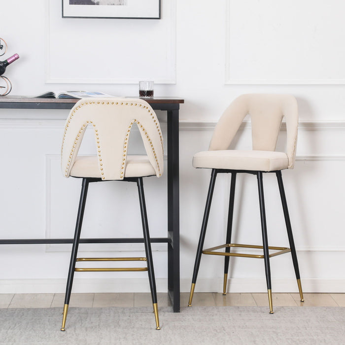 Akoya Collection Modern Contemporary Velvet Upholstered Connor 28" Bar Stool & Counter Stools With Nailheads And Gold Tipped Black Metal Legs, (Set of 2) (Beige)