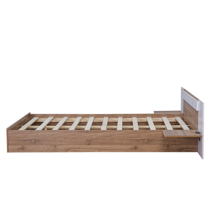 Queen Size Platform Bed With Headboard, Shelves, Usb Ports And Sockets, Natural