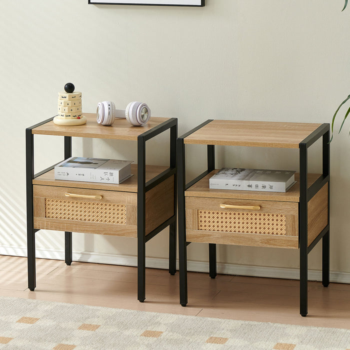 Rattan End Table With Drawer, Modern Nightstand, Metal Legs, Side Table For Living Room, Bedroom (Set of 2) - Natural