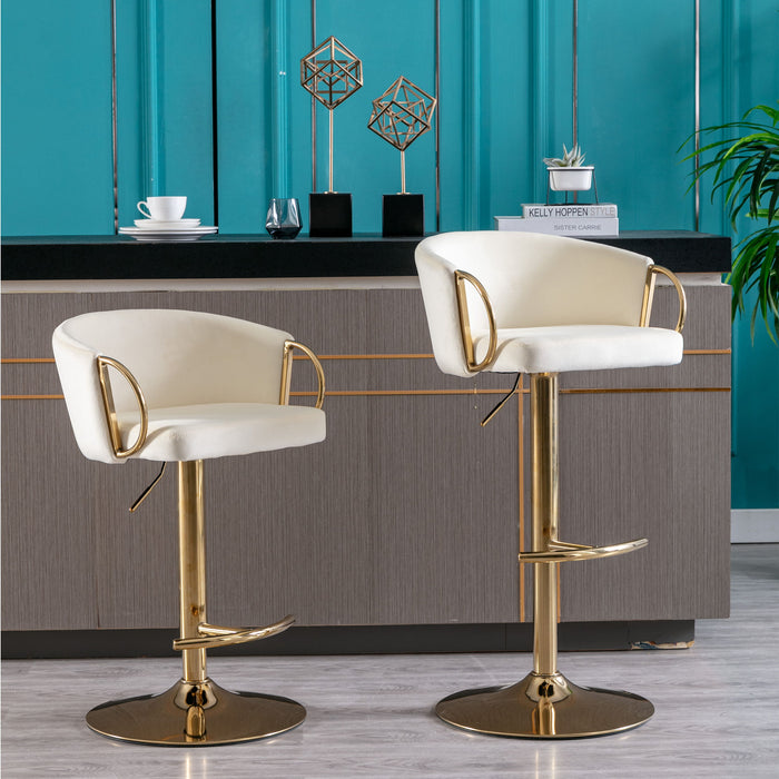 (Set of 2) Bar Stools, With Chrome Footrest And Base Swivel Height Adjustable Mechanical Lifting Velvet And Golden Leg Simple Bar Stool - Ivory