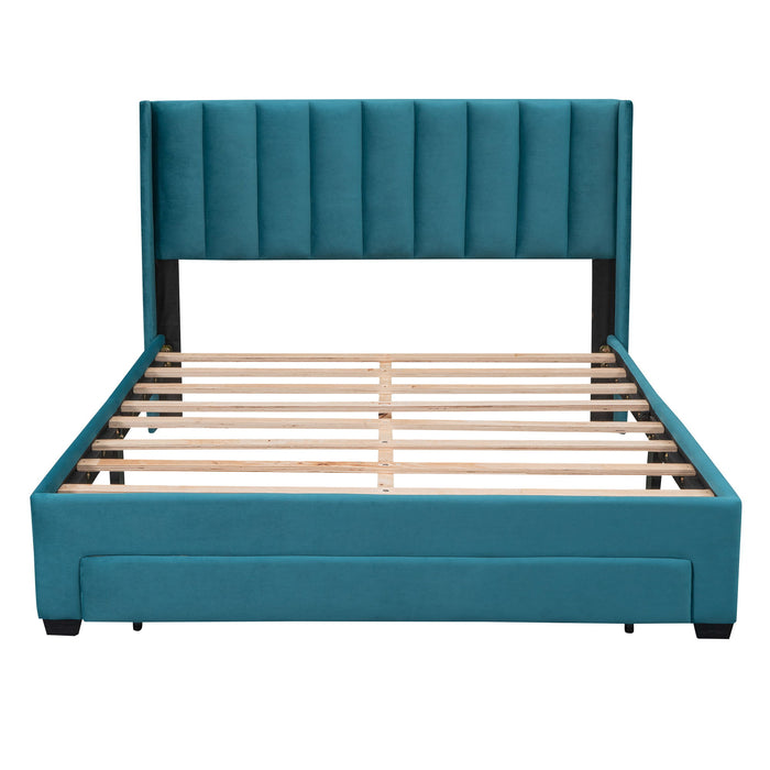 Queen Size Storage Bed Velvet Upholstered Platform Bed With Big Drawer - Blue