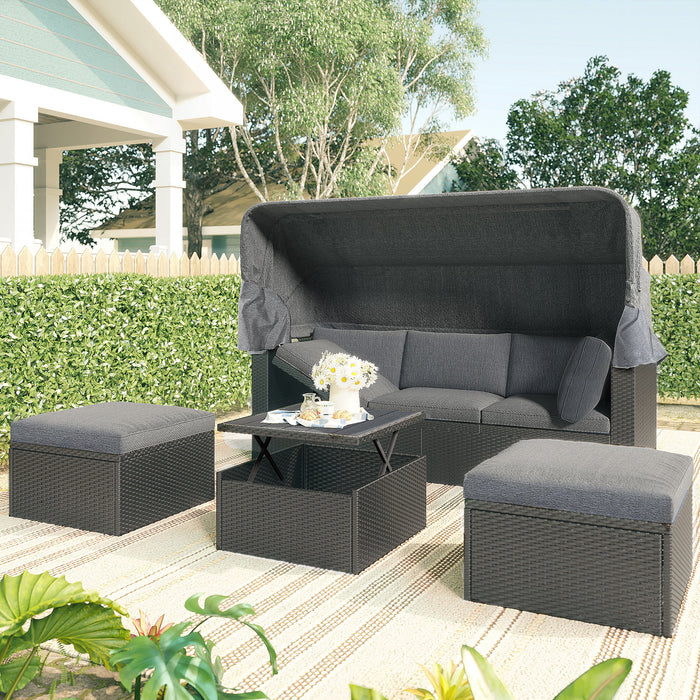 U_Style - Outdoor Patio Rectangle Daybed With Retractable Canopy, Wicker Furniture Sectional Seating With Washable Cushions, Backyard, Porch