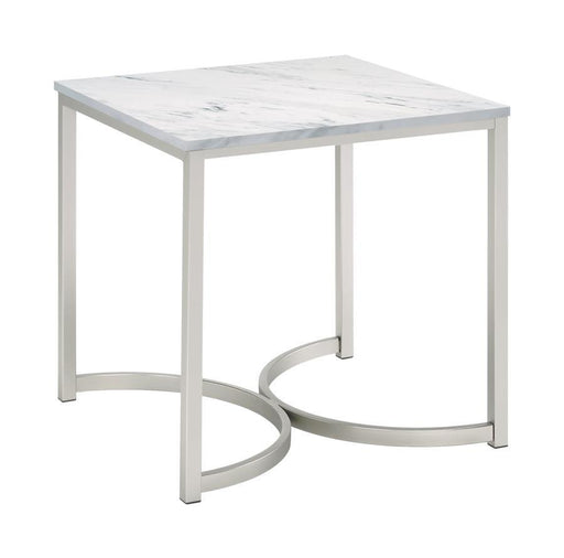 Leona - Faux Marble Square End Table - White And Satin Nickel Unique Piece Furniture