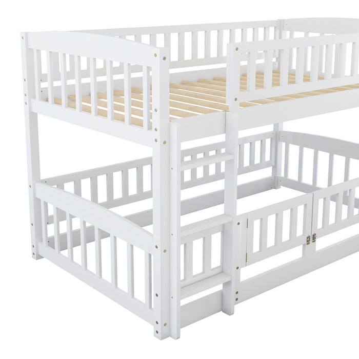 Bunk Bed With Slide, Twin Over Twin Low Bunk Bed With Fence And Ladder For Toddler Kids Teens White