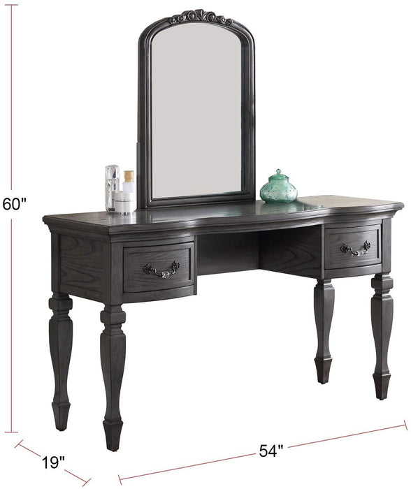 Bedroom Classic Vanity Set Wooden Carved Mirror Stool Drawers Antique Gray Finish