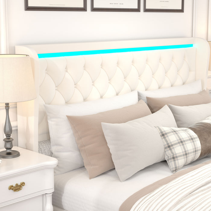 King Platform Bed Frame, Velvet Upholstered Bed With Deep Tufted Buttons, Adjustable Colorful Lighted Strip Decorative Headboard, Wide Wingbacks, Beige