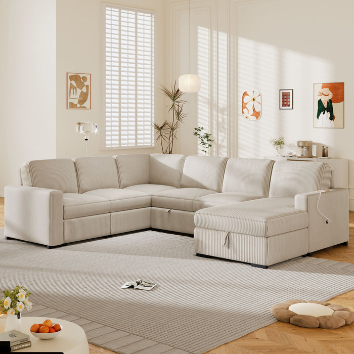 U_Style U - Shaped Corduroy Combination Corner Sofa With Storage Lounge Chair, 6 Seater Oversized Sofa, With USB Interfaces, Suitable For Living Room, Office, And Spacious Space - Beige