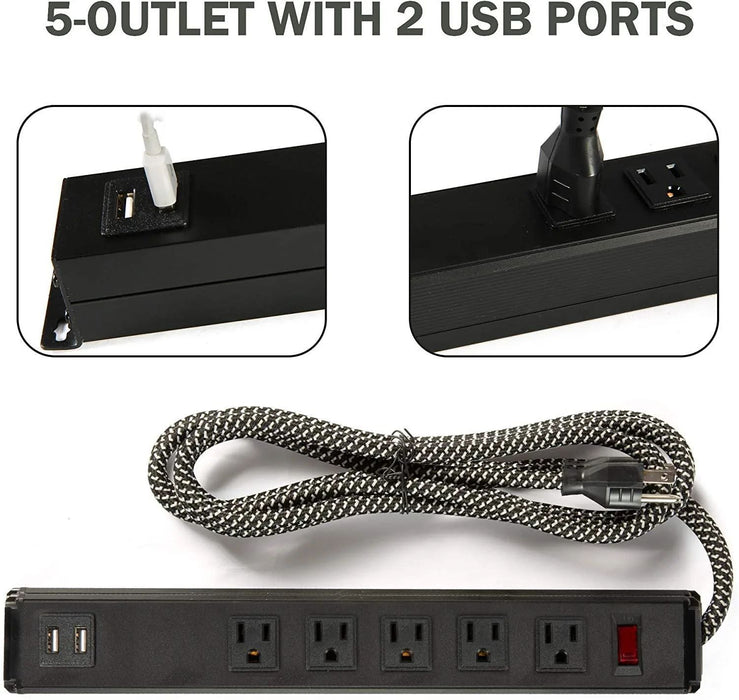 Power Strip 2 Piecess Surge Protector 5 - Outlet With 2 USB Ports (5V / 2.4A) 6Ft Heavy - Duty Braided Extension Cords