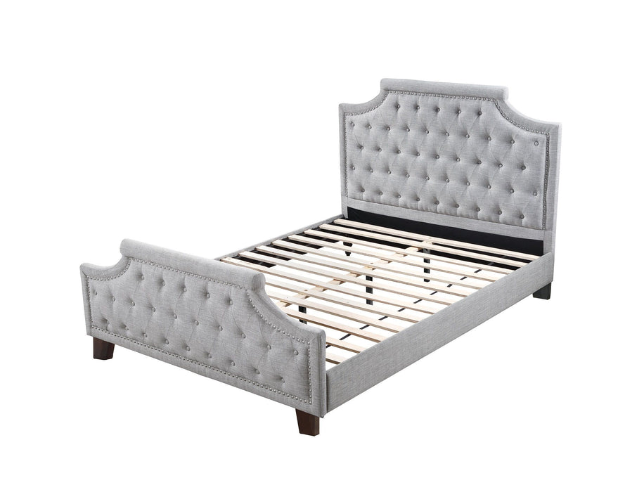 Grey Polyfiber American Traditional 1 Pieces Queen Size Bed Only Button Tufted Headbaord Footboard Bedroom Furniture