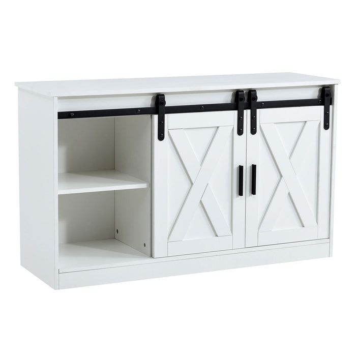 White Decorative Wooden TV / Storage Cabinet With Two Sliding Barn Doors, Available For Bedroom, Corridor.