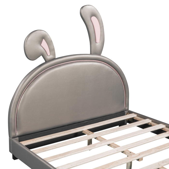 Full Size Upholstered Leather Platform Bed With Rabbit Ornament, Gray