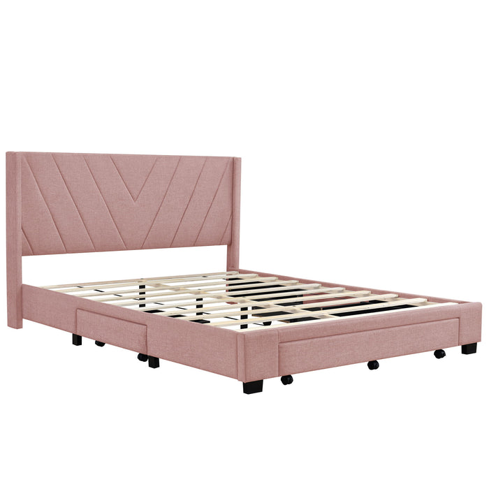 Queen Size Storage Bed Linen Upholstered Platform Bed With 3 Drawers (Pink)