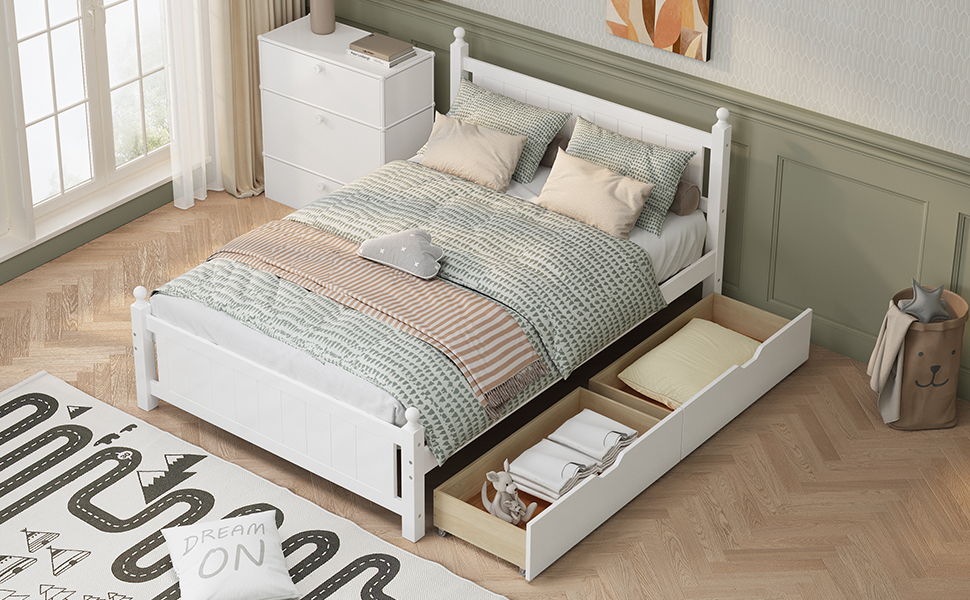 Full Size Solid Wood Platform Bed Frame With 2 Drawers For Limited Space Kids, Teens, Adults, No Need Box Spring, White