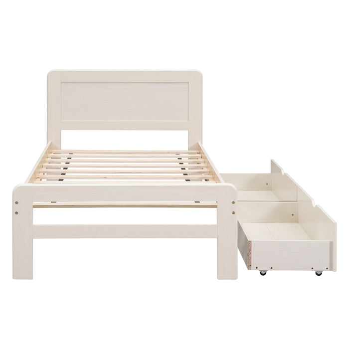 Modern Design Twin Size Platform Bed Frame With 2 Drawers For White Washed Color