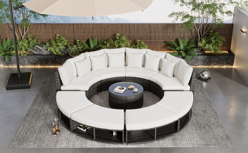 9 Piece Outdoor Patio Furniture Luxury Circular Outdoor Sofa Set Rattan Wicker Sectional Sofa Lounge Set With Tempered Glass Coffee Table, 6 Pillows, Beige