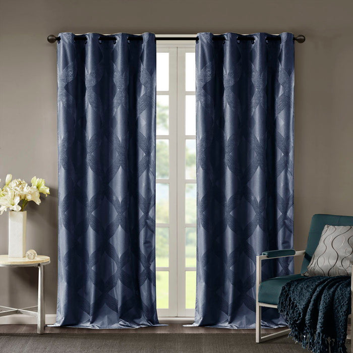 Ogee Knitted Jacquard Total Blackout Curtain Panel In Navy
