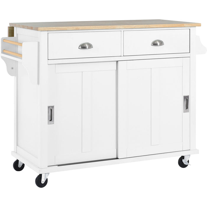 Kitchen Cart With Rubber Wood Drop - Leaf Countertop, Concealed Sliding Barn Door Adjustable Height, Kitchen Island On 4 Wheels With Storage Cabinet And 2 Drawers, L52.2Xw30.5Xh36.6", White