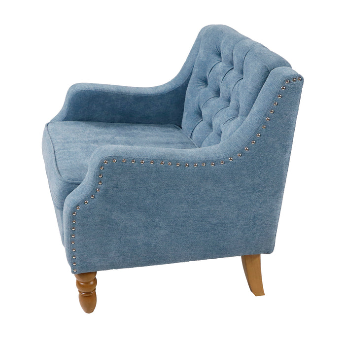 Blue Accent Chair, Living Room Chair, Footrest Chair Set With Vintage Brass Studs, Button Tufted Upholstered Armchair For Living Room