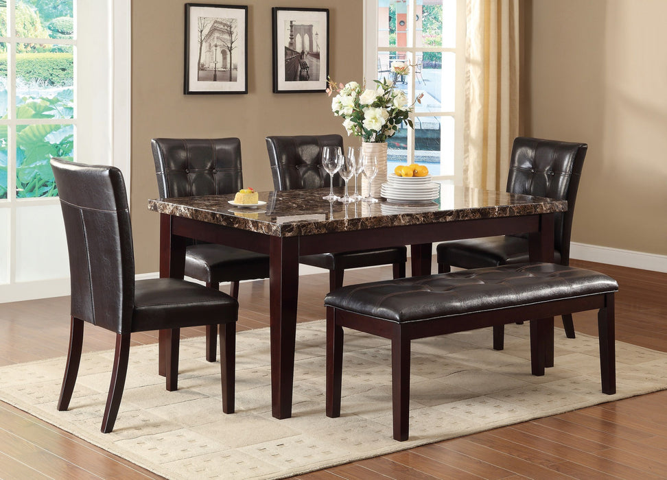 Espresso Finish 6 Pieces Dining Set Faux Marble Top Table Bench Button - Tufted 4 Side Chairs Casual Transitional Dining Furniture