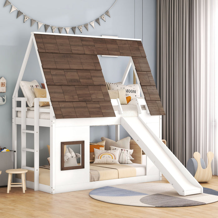 Wood Twin Size House Bunk Bed With Roof, Ladder And Slide, White / Brown