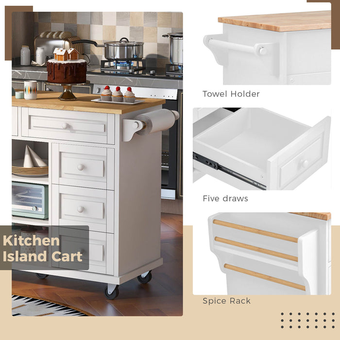 Kitchen Cart With Rubber Wood Desktop Rolling Mobile Kitchen Island With Storage And 5 Draws 53" Length (White)