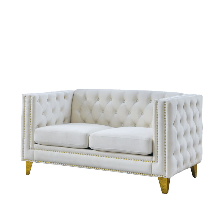 Velvet Sofa For Living Room, Buttons Tufted Square Arm Couch, Modern Couch Upholstered Button And Metal Legs, Sofa Couch For Bedroom, Beige