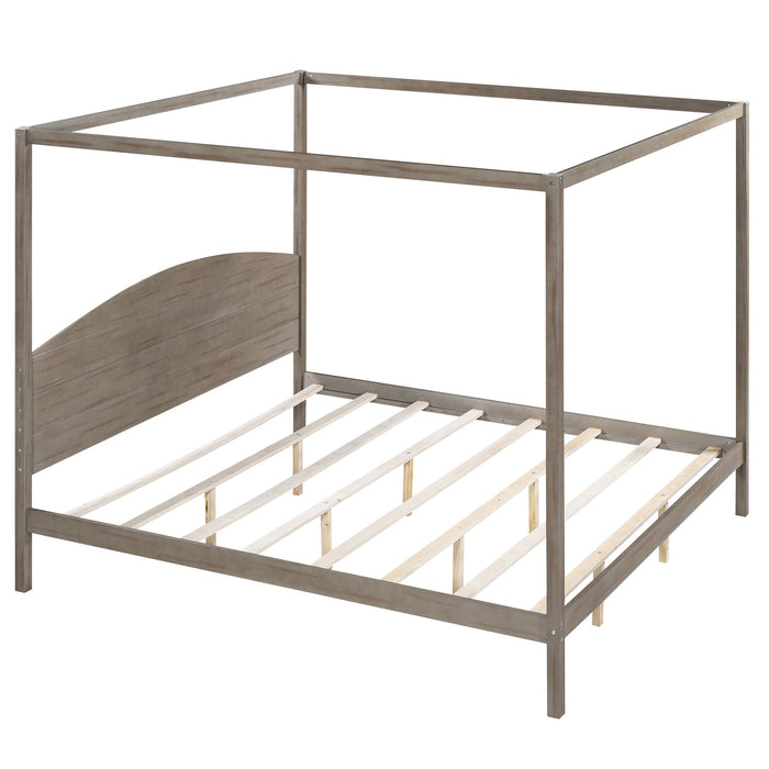 King Size Canopy Platform Bed With Headboard And Support Legs, Brown Wash
