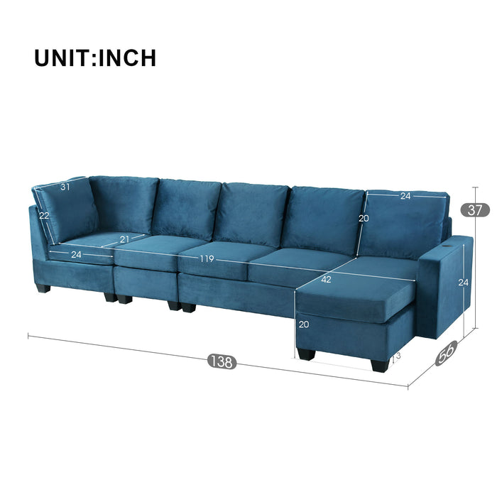 Modern L-Shape Sectional Sofa, 6-Seat Velvet Fabric Couch With Convertible Chaise Lounge, Freely Combinable Indoor Furniture For Living Room, Apartment, Office, 3 Colors - Navy