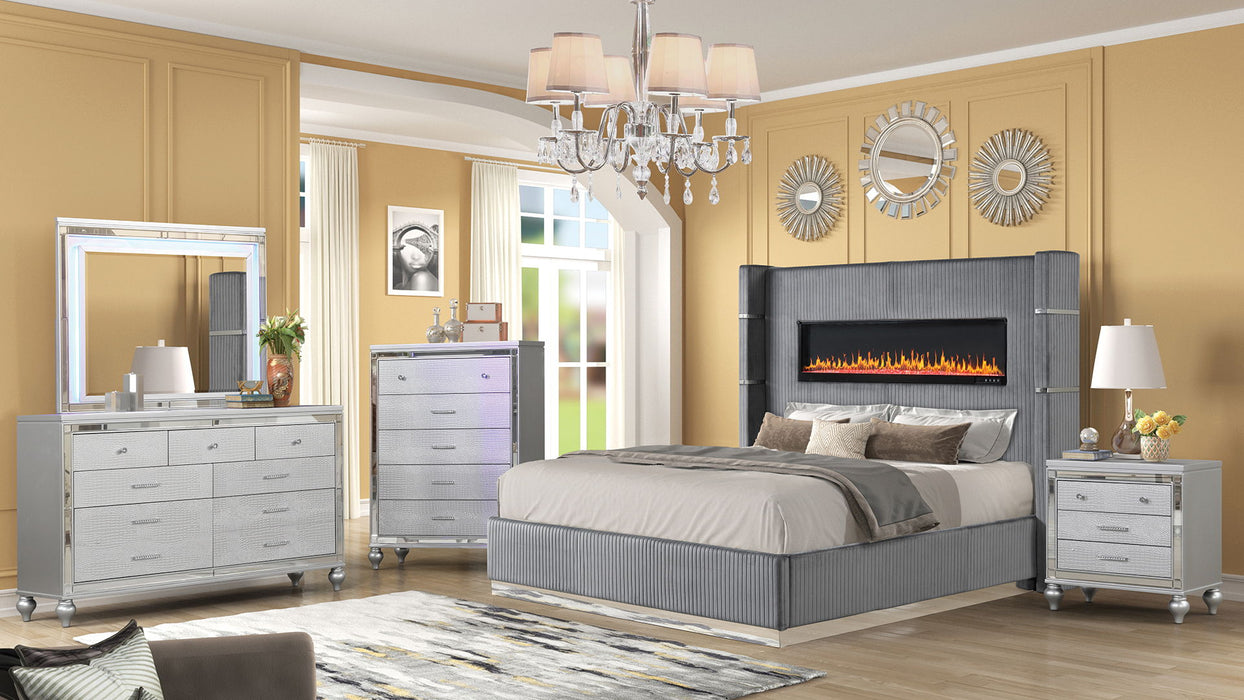 Lizelle Upholstery Wooden Queen 5 Pieces Bedroom Set With Ambient Lighting In Gray Velvet Finish