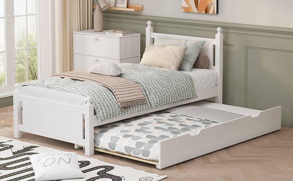 Twin Size Solid Wood Platform Bed Frame With Trundle For Limited Space Kids, Teens, Adults, No Need Box Spring, White