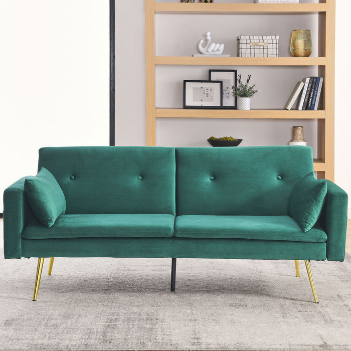 Convertible Sofa Bed, Adjustable Velvet Sofa Bed - Velvet Folding Lounge Recliner - Reversible Daybed - Ideal For Bedroom With Two Pillows And Center Leg - Green