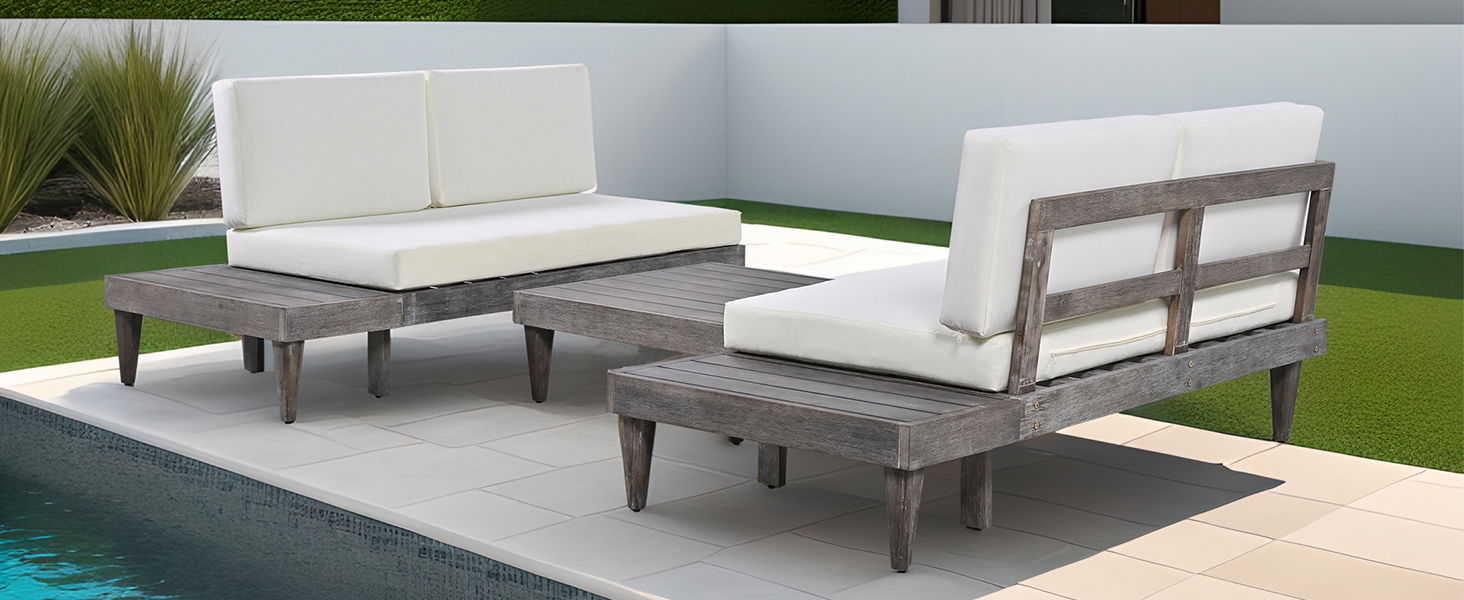 Top max Outdoor 3 Piece Patio Furniture Set Solid Wood Sectional Sofa Set With Coffee Table Conversation Set With Side Table And Cushions, Gray / Beige
