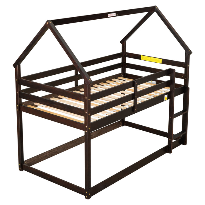 Twin Over Twin Loft Bed With Roof Design, Safety GuardrailAnd Ladder - Espresso