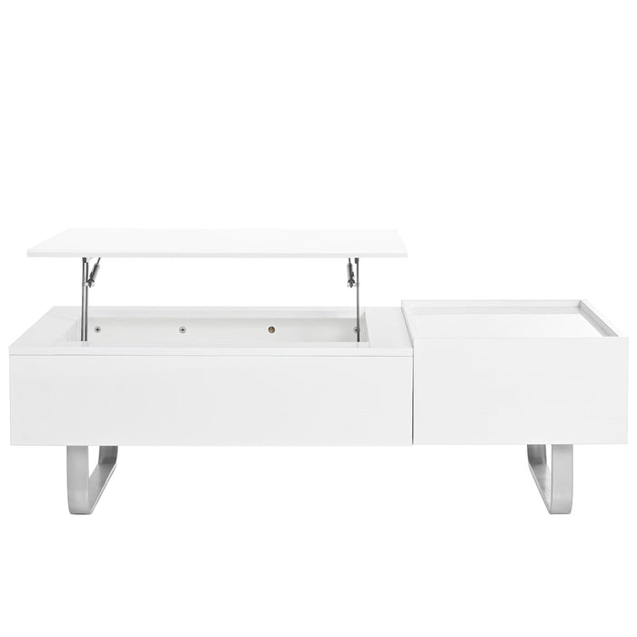On-Trend Multi-Functional Coffee Table With Lifted TableTop , Contemporary Cocktail Table With Metal Frame Legs, High-Gloss Surface Dining Table For Living Room, White