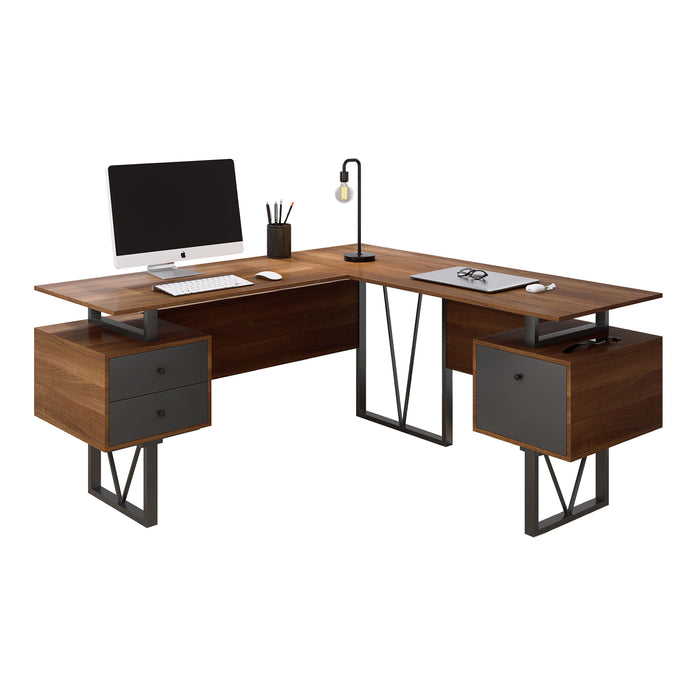 Techni Mobili Reversible Shape Computer Desk With Drawers And File Cabinet, Walnut