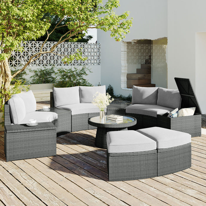 Top max 10 Piece Outdoor Sectional Half Round Patio Rattan Sofa Set, Pe Wicker Conversation Furniture Set For Free Combination, Light Gray