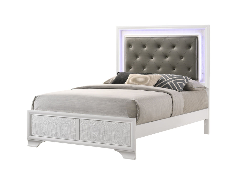 Modern White Crocodile Skin Finish Upholstered 1 Piece Full Size Led Panel Bed Faux Diamond Tufted Bedroom Furniture