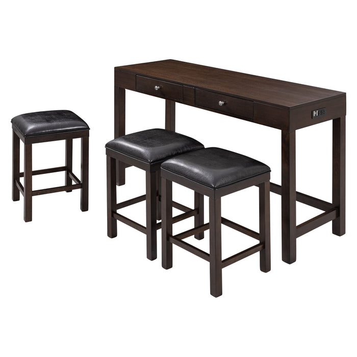 Topmax 4 Piece Counter Height Table Set With Socket And Leather Padded Stools, Espresso