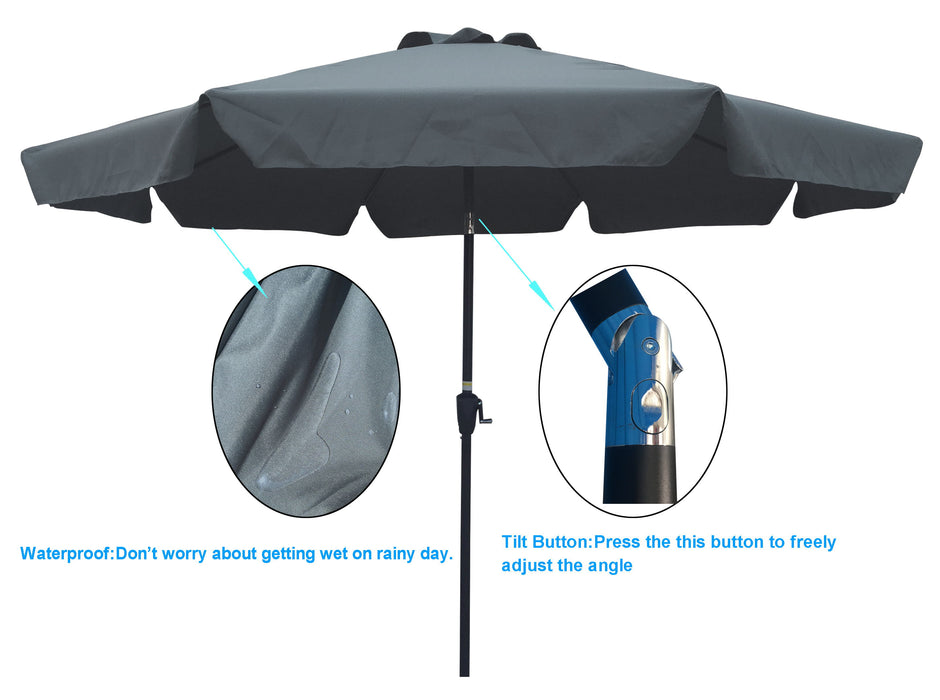 Outdoor Patio Umbrella 10 Ft (3M) With Flap, 8 Pieces Ribs, With Tilt, With Crank, Without Base, Gray / Anthracite, Pole Size 38Mm (1.49" )