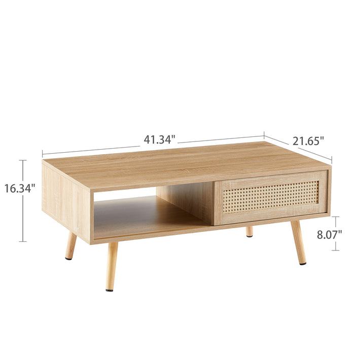 Rattan Coffee Table, Sliding Door For Storage, Solid Wood Legs, Modern Table For Living Room Пјњnatural