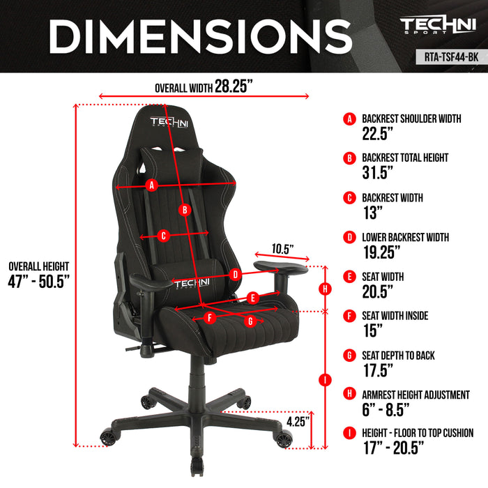 Techni Sport Fabric Ergonomic High Back Racer Style Pc Gaming Chair, Black