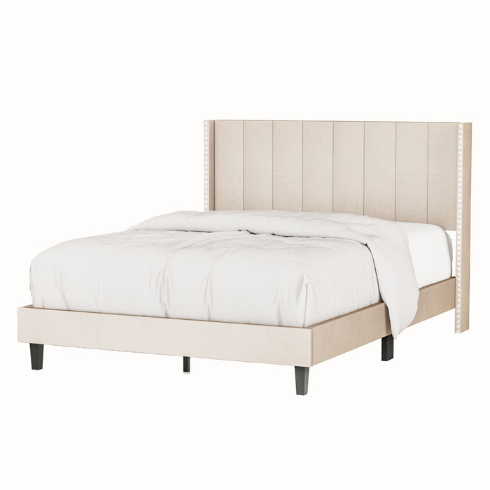 Queen Bed Frame / Velvet Upholstered Bed Frame With Vertical Channel Tufted Headboard Beige