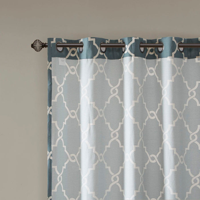 Fretwork Print Grommet Top Window Curtain Panel - White / Blue