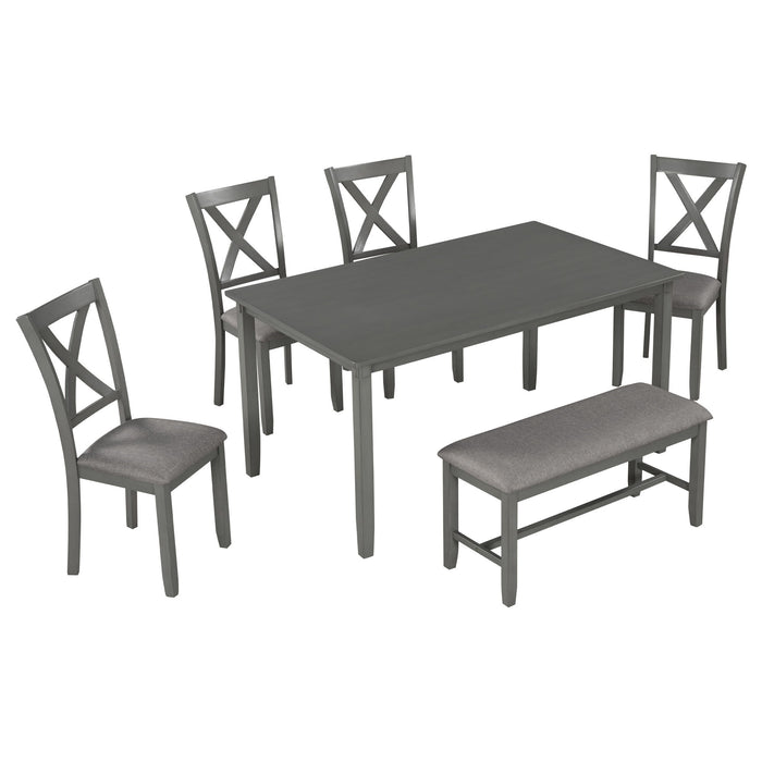 Trexm 6 Piece Kitchen Dining Table Set Wooden Rectangular Dining Table, 4 Fabric Chairs And Bench Family Furniture (Gray)