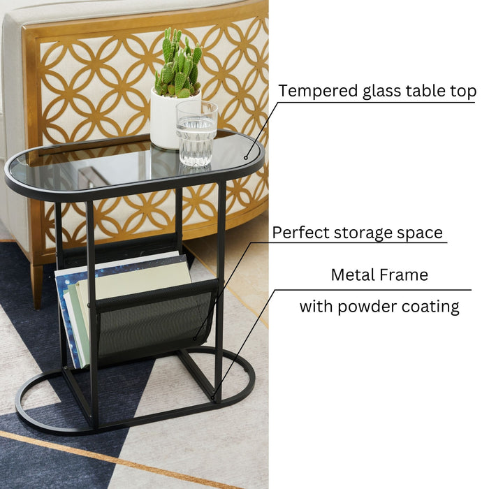 Set of Two Glass Top Oval End Table With Power Coating Frame With Perfect Storage Space