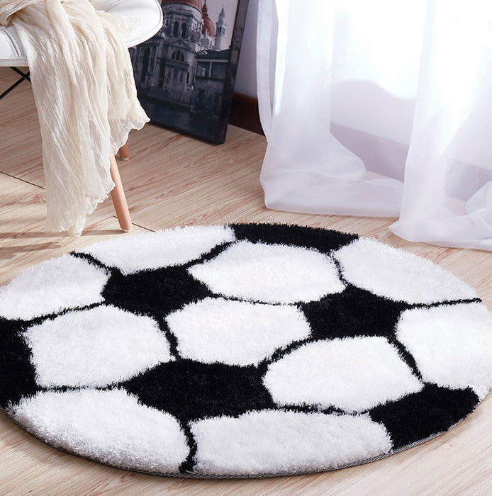 Sports Theme Shaped Hand Tufted Extra Soft Shag Area Rug (36 In Diameter) - Black